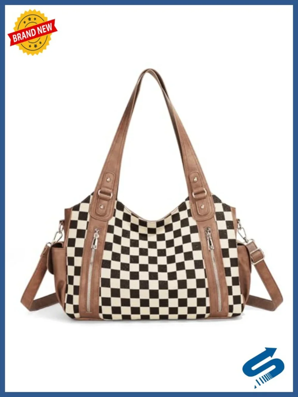 Checkered Hobo Tote Bag for Women PU Leather & Canvas Vintage Shoulder